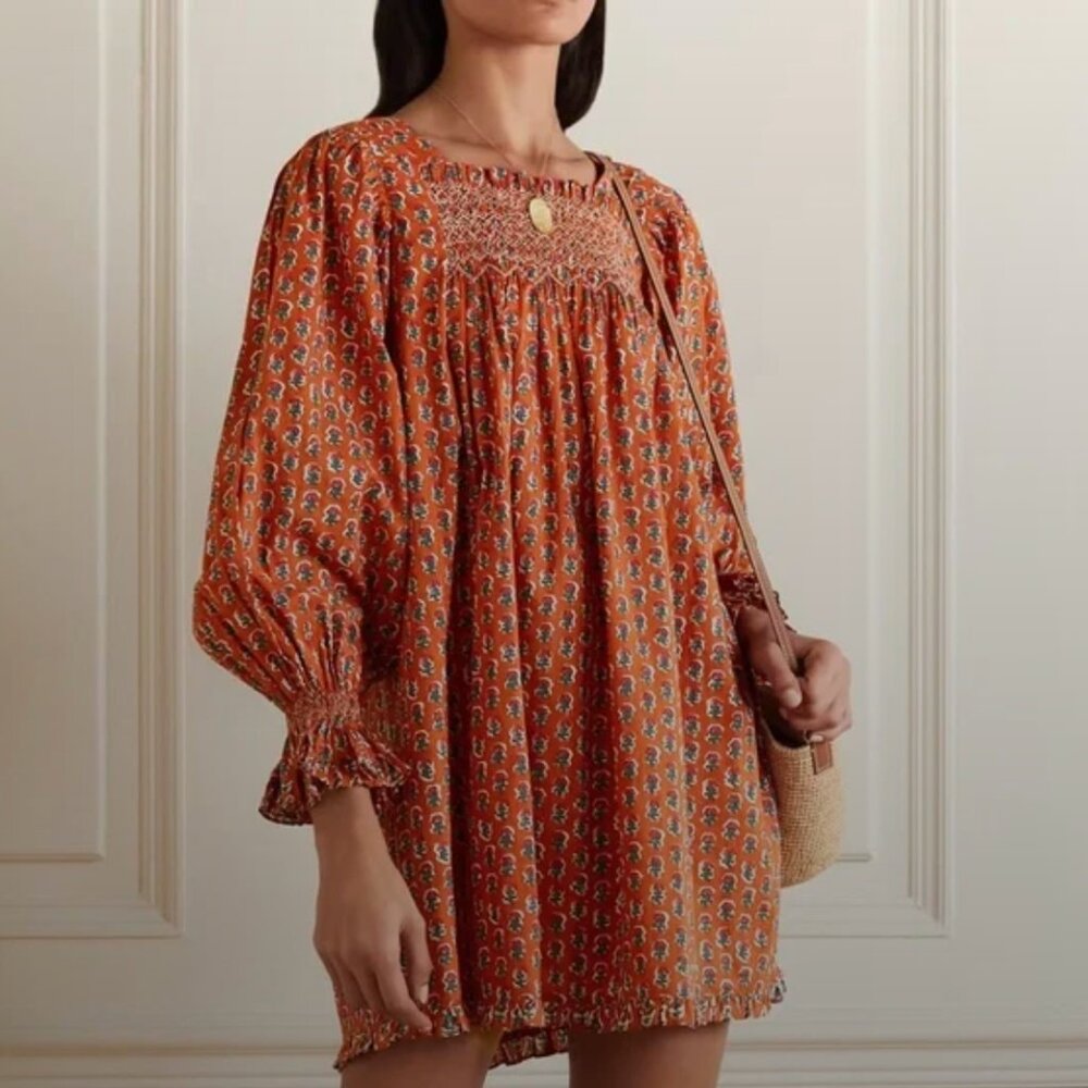 Doen Estee Smocked Orange Floral-print Organic Cotton Mini Dress - Size Small